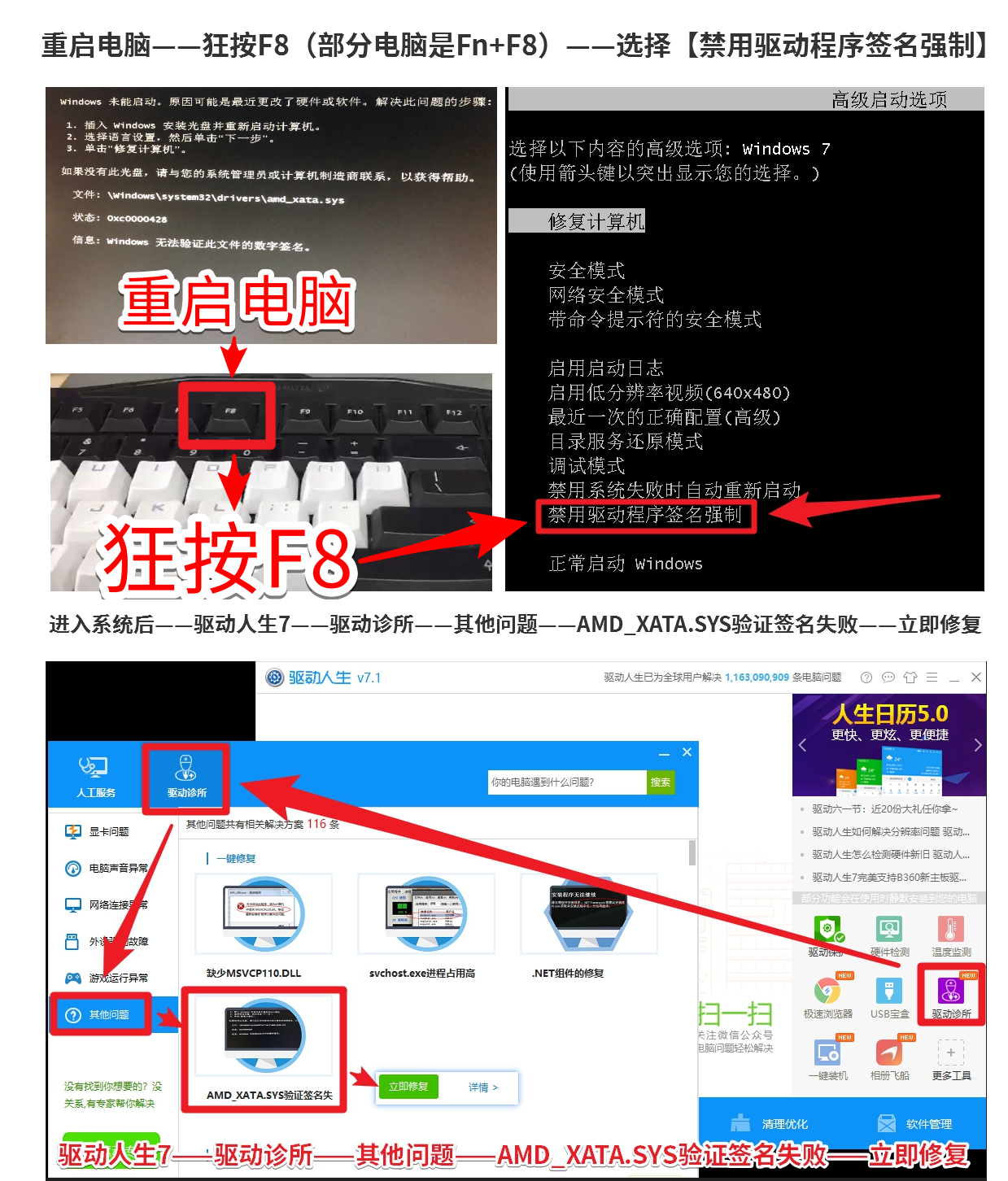 02 AMD_XATA.SYS无法验证签名问题解决方法——重启电脑——狂按F8——选择【禁用驱动程序签名强制】——进入系统——打开驱动7——驱动诊所——其他问题——AMD_XATA.SYS验证签名失败——立即修复 2018-06-20.png